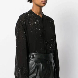 White House Black Market Black Button Front Sparkle Silver Detail Blouse Size S